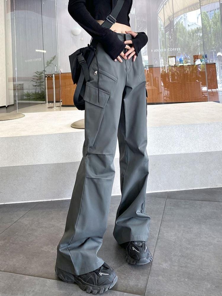 2025 Spring Summer New Gray Cargo Pants Women's High Waisted Thin American Retro Straight Wide-leg Pants Y2k Casual Flared Pants