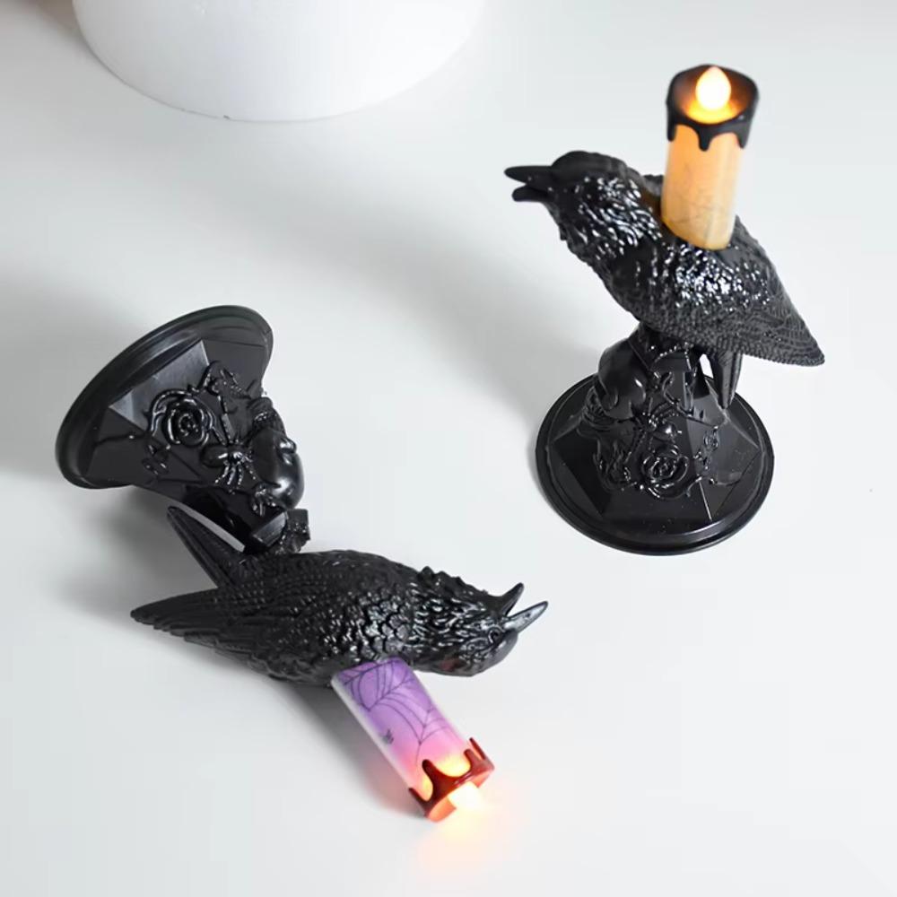 Gothic Raven LED Candles Realistic Table Lamp Black Crow Statue Glowing Candlestick Halloween