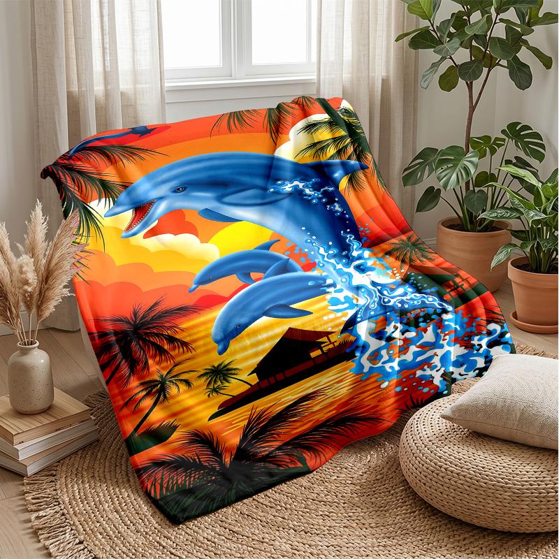 Dolphins Leaping at Sunset 1 Theme blanket Lightweight Warm Flannel Blanket Decorative Throw Blanket for Home Decoration