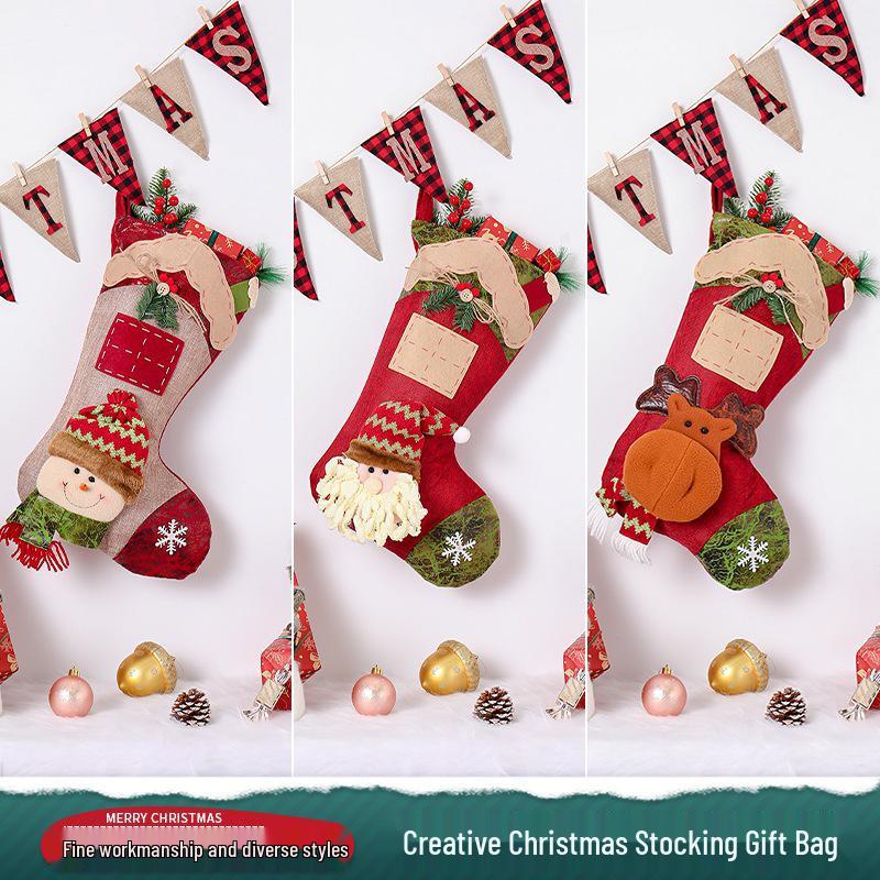 Three-Dimensional Cartoon Christmas Stockings with Decorative Pockets.