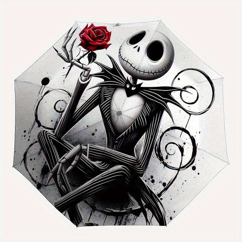 1 Ombrello Portatile Colorato con 8 stecche, Apertura Automatica, Tema Jack Skellington, Nightmare Before Christmas, per Uomo e Donna, Un Compagno Compatto per il Pendolarismo