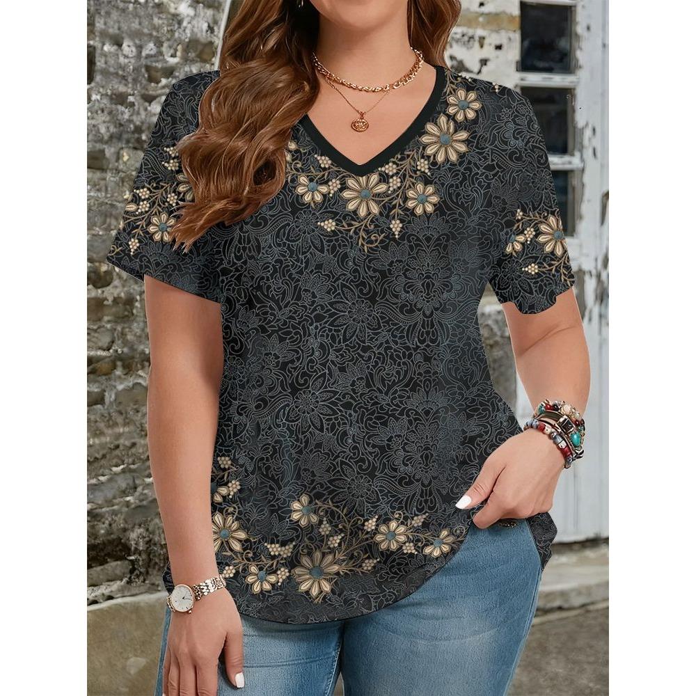Ethnic Style T-Shirts Vintage Floral 3D Print Women's V-Neck Short Sleeve T Shirt Y2k Harajuku Tees Casual Tops Female Clothing