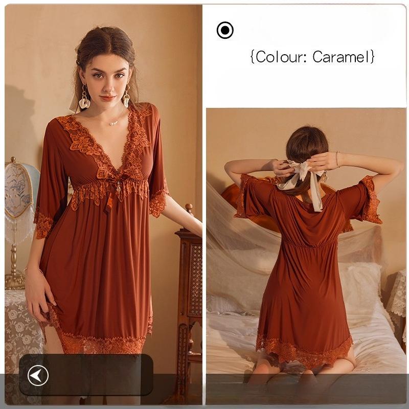 Sexy Lace Nightgown with V-Neck and Bow, Soft and Comfortable Splicing Design