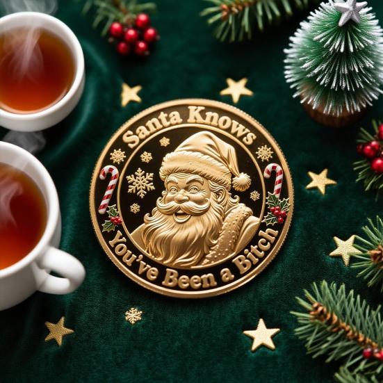 Christmas Santa Claus Coin Santa Knows You've Been A Bitch Coin Metal Carving Collectible Coin Decoration Round Keepsake Badge Gag Gift