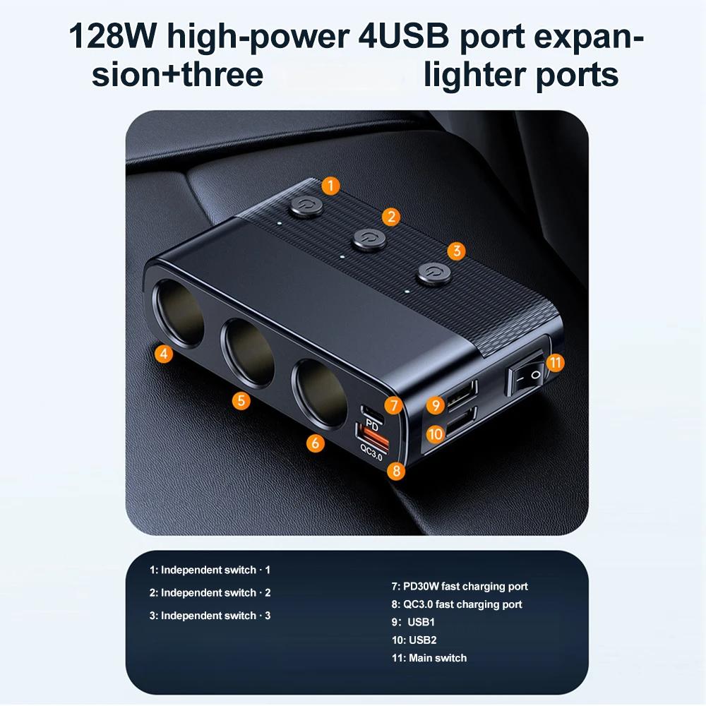 7-in-1 128W Car Charger Adapter PD QC3.0 Socket Splitter C28 Conversion Plug Quick Charge Adapter Acesssories