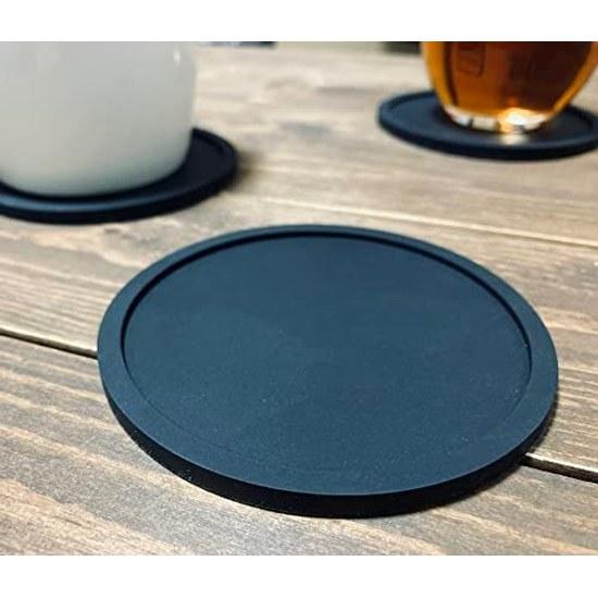 iiNOWL Coaster Silicone Set 4 Stylish Round Diameter Approximately 10cm Heat Resistant Flexible Material Black (Plain Black)