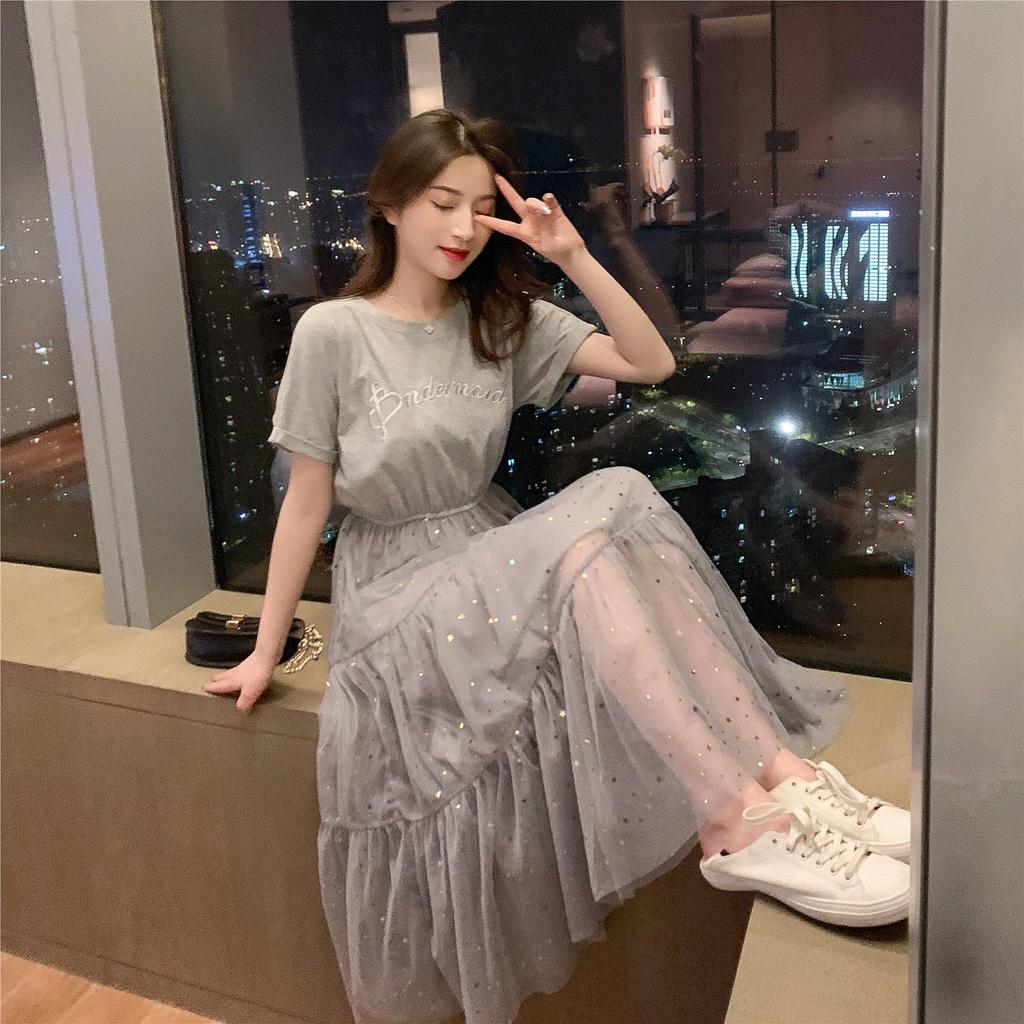 Abito premaman coreano ampio a metà lunghezza in rete con paillettes - Maniche corte, gonna estiva a trapezio