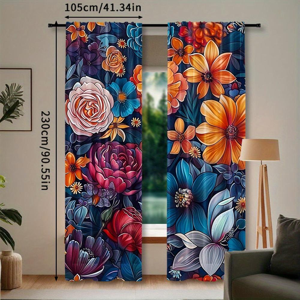 2 Stück Boho Blumenfenstervorhänge - Lebendiges Orange   Blau & Rosa Blumendesign   Stangentasche für Schlafzimmer   Wohnzimmer   Set