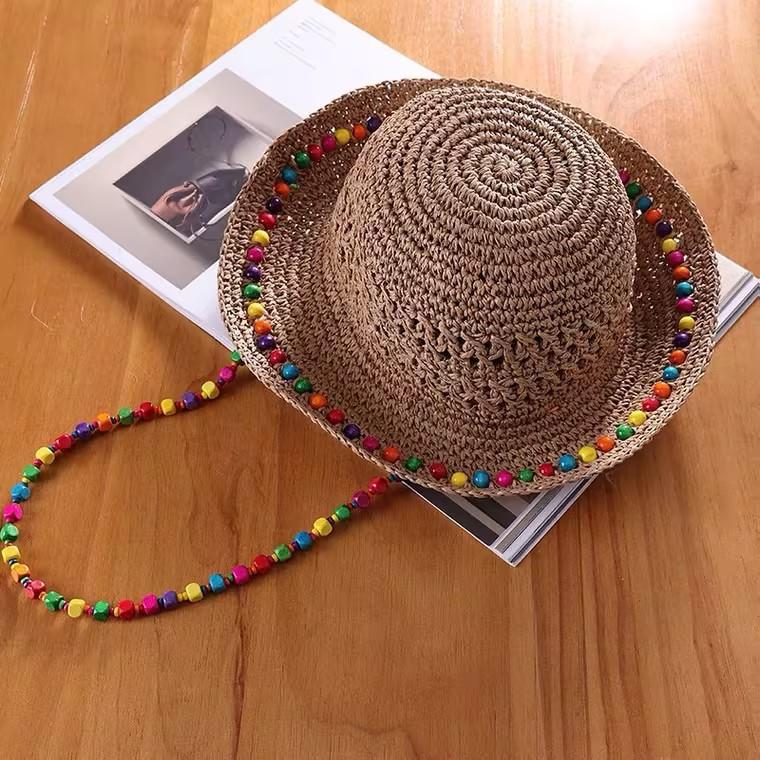 

New Summer Paper Straw Beach Bucket Hat For Women Breathable Crochet Sunshade Wide Brim Colorful Wooden Beads Fisherman Cap кавовий