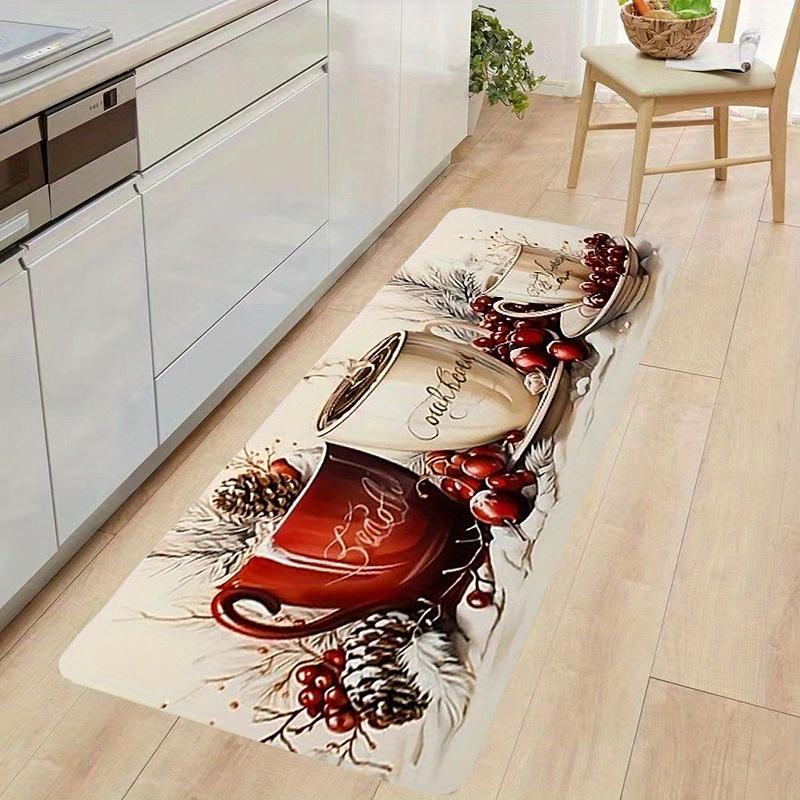 Christmas Holiday Warm Coffee Theme Kitchen Mat Non Slip Oil Resistant Runner Mat for Home Dining Room Winter Decor