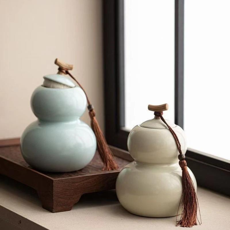 Chinesischer Stil Ru-Ofen Keramik Teedose, Kürbisformiges Vintage Teelagerglas mit Quasten-Dekor