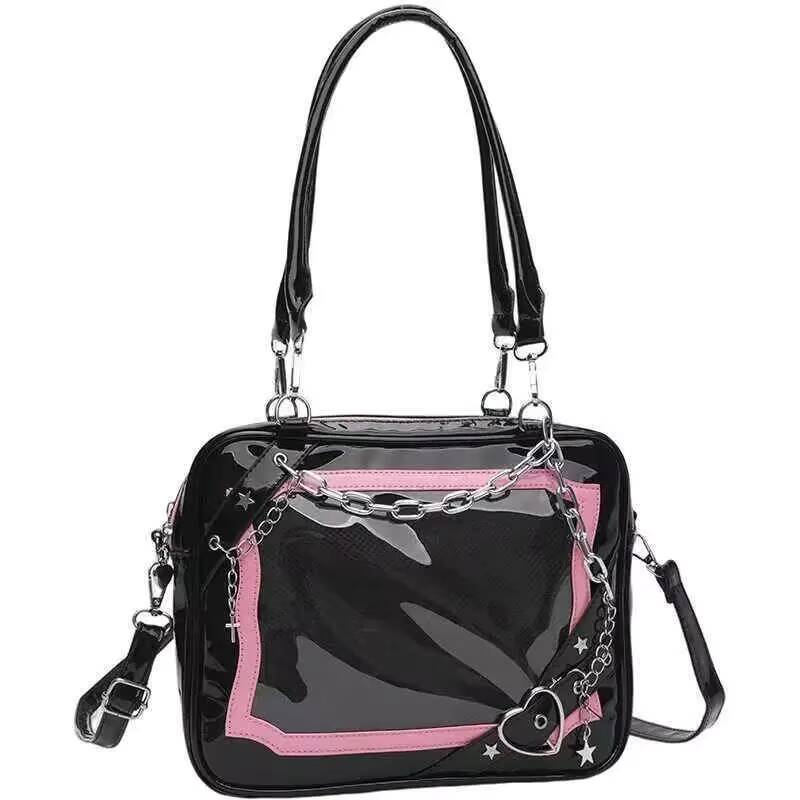 Y2K Cool Hot Ita Shoulder Bag Harajuku Girls Gothic Chain Transparent Tote Bag Large Capacity Crossbody Bag DIY Display Handbags