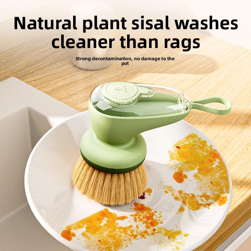 Automatic Liquid Adding Kitchen Pot Brush, Press Type, Natural Sisal for Easy Cleaning