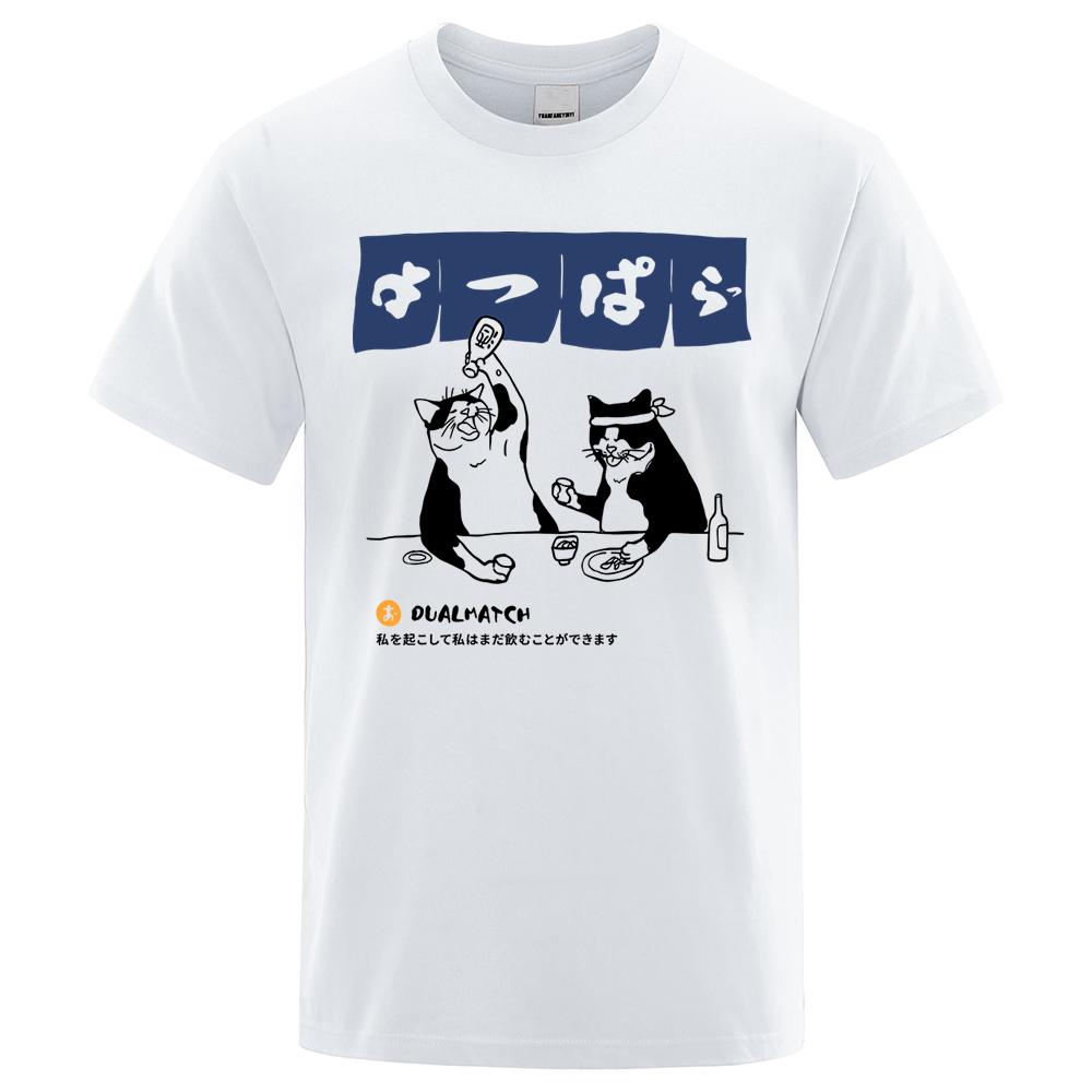 Harajuku Japanische Katze Trink-Tops Herrenmode O-Ausschnitt T-Shirt Straße Sommer Übergroße Kleidung Hip Hop Sweat Baumwoll-T-Shirts