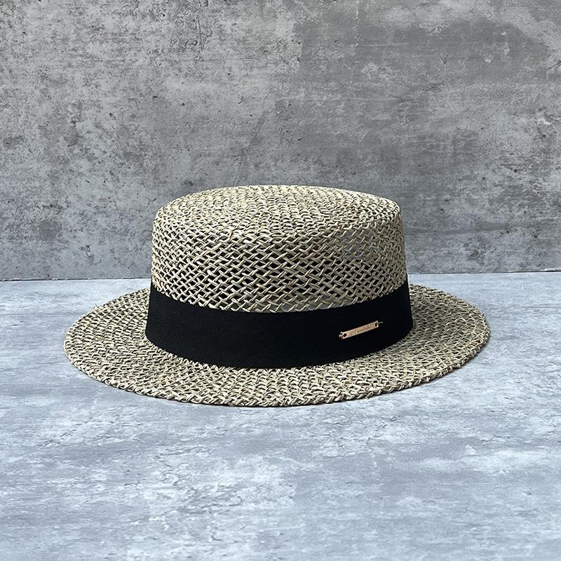 French Retro Salty Grass Hollow Sun Hat Men And Women Seaside Vacation Travel Beach Flat Top Hat Elegant Straw Hat