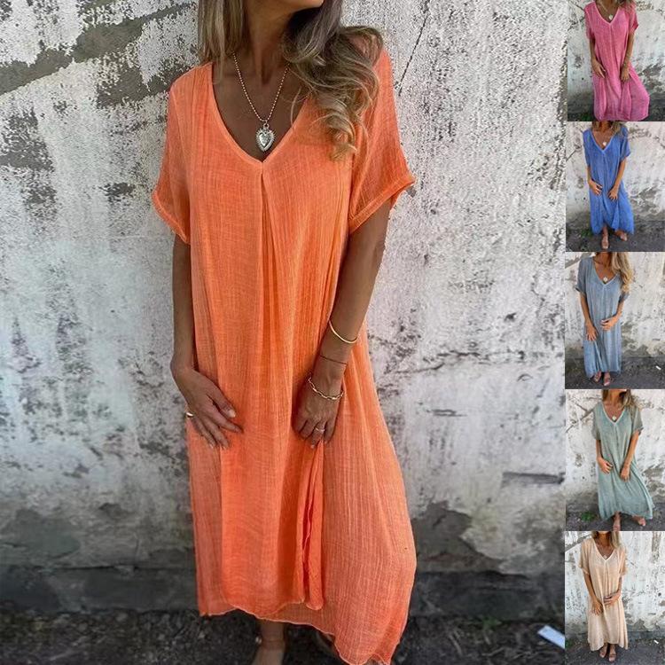 

Women s V-Neck Short Sleeve Loose Fit Casual Dress in Multiple Colors 3XL