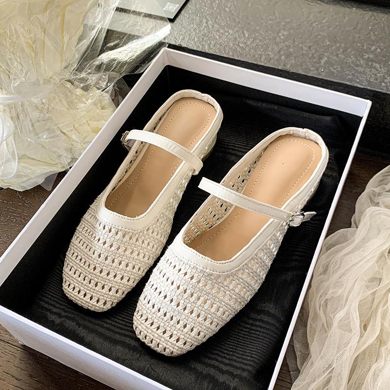 

Супер универсальные~ Ретро квадратный носок плетеная ажурная сумка голова полустельки туфли для женщин носить одним словом на толстом каблуке Мюли крутые тапочки 40 бежевый