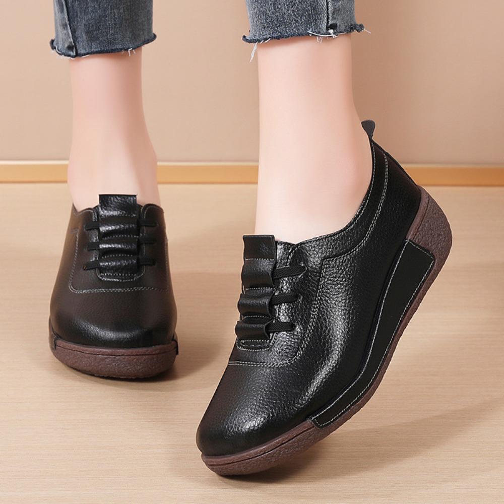 Thick Soled Sloping Heel Leather Casual Sports Shoes for Women