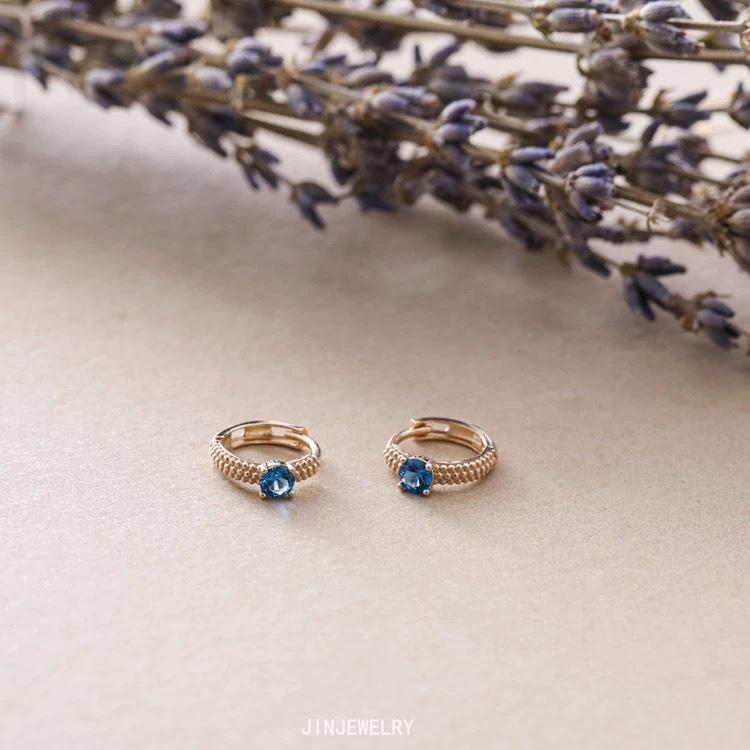 14K Gold Plated S925 Sterling Silver Blue Zircon Four-Prong Earrings for Women