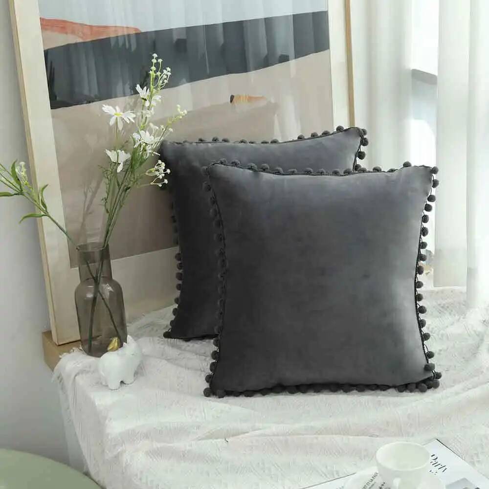 Velvet Pillow Cover with Ball Lace, Soft Cushion Cover, Monochrome, Modern and Simple, Fur Ball, 30x50, 40x40, 50x50, 65x65cm