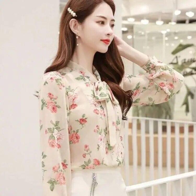 Women's Long Sleeved Bottoming Shirt Spring Autumn New Scarf Collar Tie Up Print Chiffon Top S-5XL