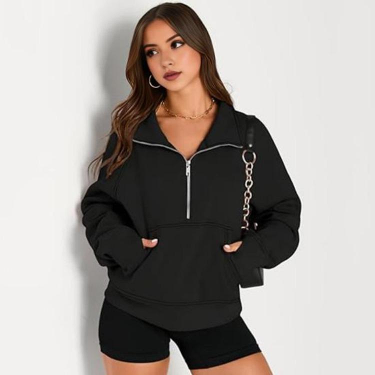Thick Fall Winter Sweatshirt Casual Sport Top Loose Elastic Cuff Long Sleeves Half Zipper Turn Down Collar Big Pocket Pure Color Daily Wear