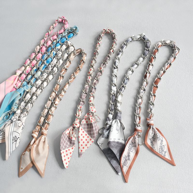 New Fashion Brand Woman Handbag Accessory Chains Detachable Floral Print Gold Silver Metal Silk Shoulder Strap Women DIY Chain Bag Handles