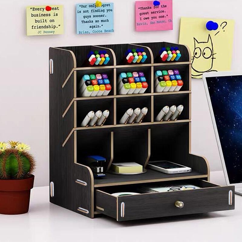 Wooden Desk Storage Shelf Multi-function Drawer Desk Organizer Office Desktop Display Shelf Pen Holder Stationery Storage Box
