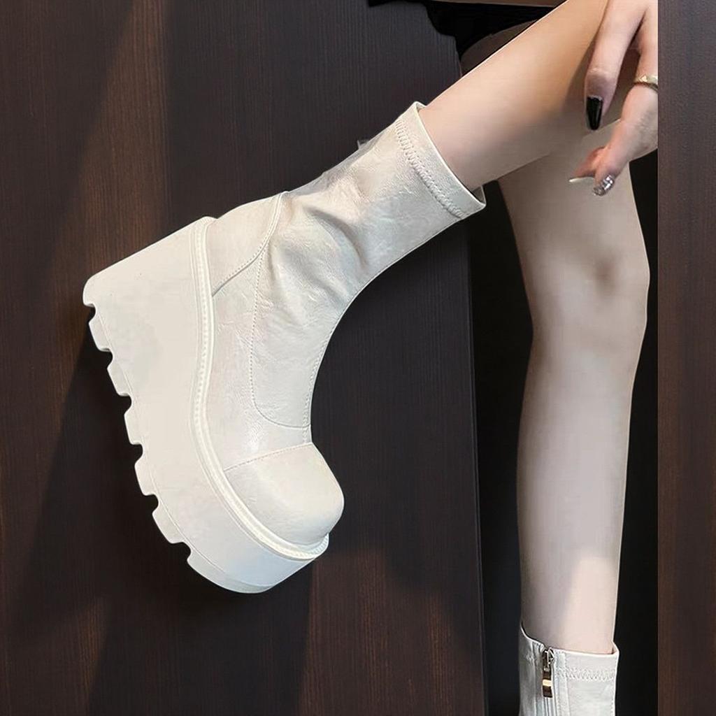 Super high heel thick-soled short boots women's white boots small man height-increasing and thin short thin boots