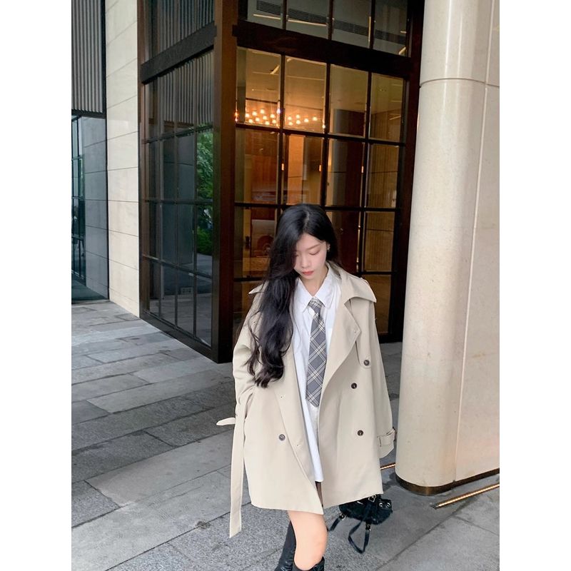 Kumikumi British Style Apricot Lapel Trench Coat Outerwear Women Autumn Elegant All-Match Loose Slimming New Coat
