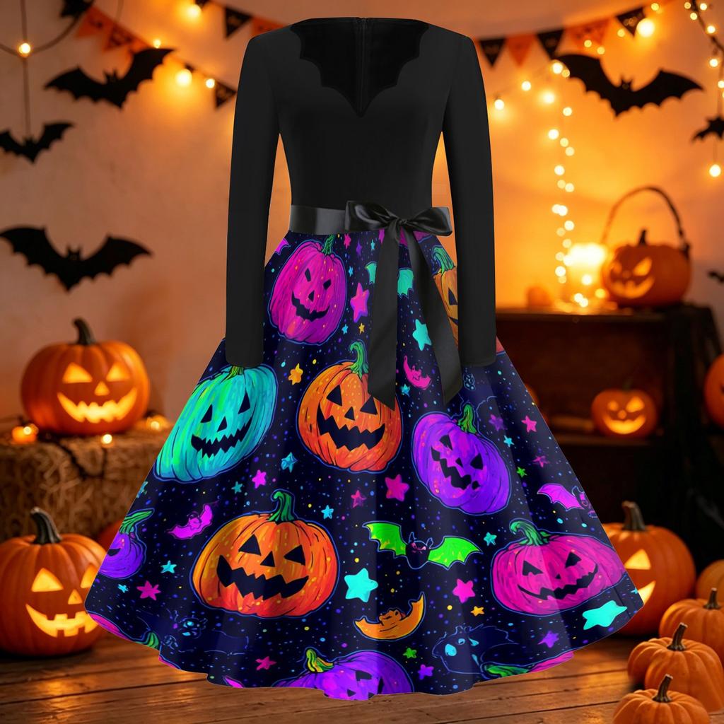 Women's Vintage Halloween Dress V Neck Long Sleeve Casual Retro Style Bat Print Swing Skirt Dress with Waist Tie Belt