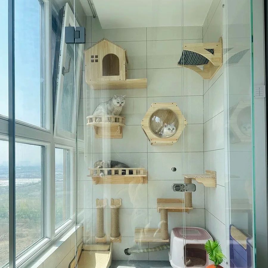 Wooden Wall-Mounted Cat Activity Centre with Scratching Board Hammock and Climbing Stairs Pet Climbing Play Furniture