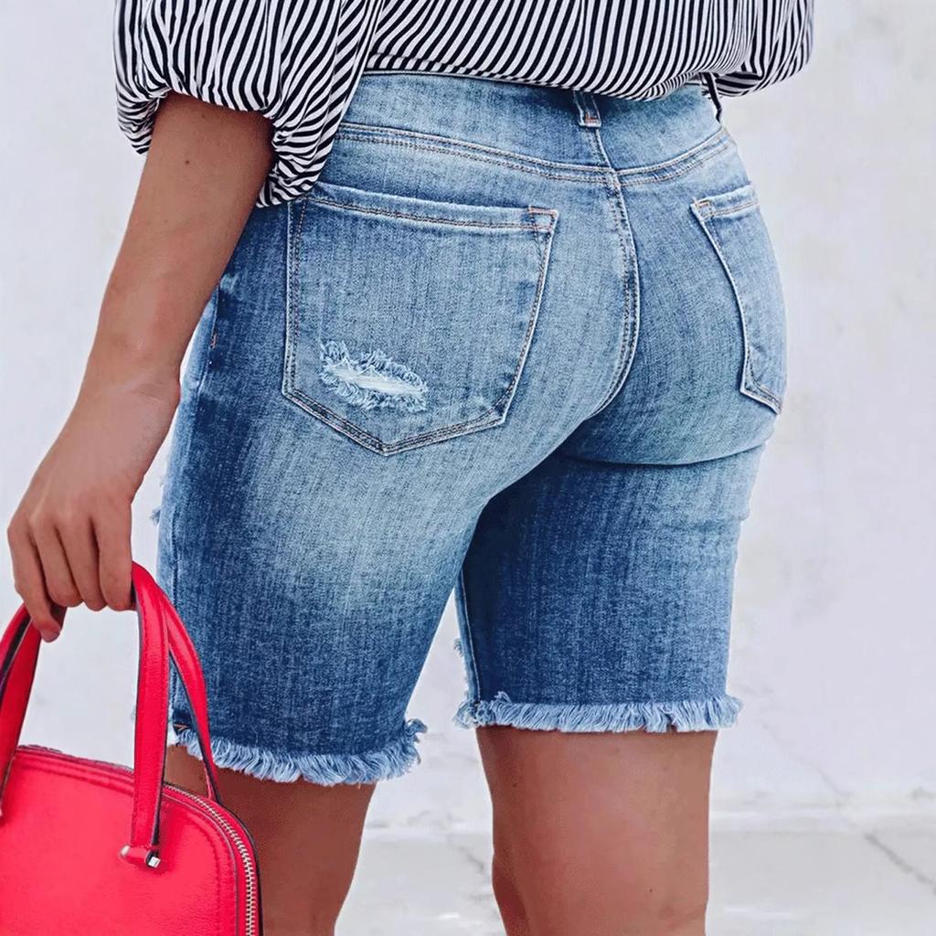 Women Summer Denim Shorts Ripped Hole High Waist Button Stretch Jean Short Pants