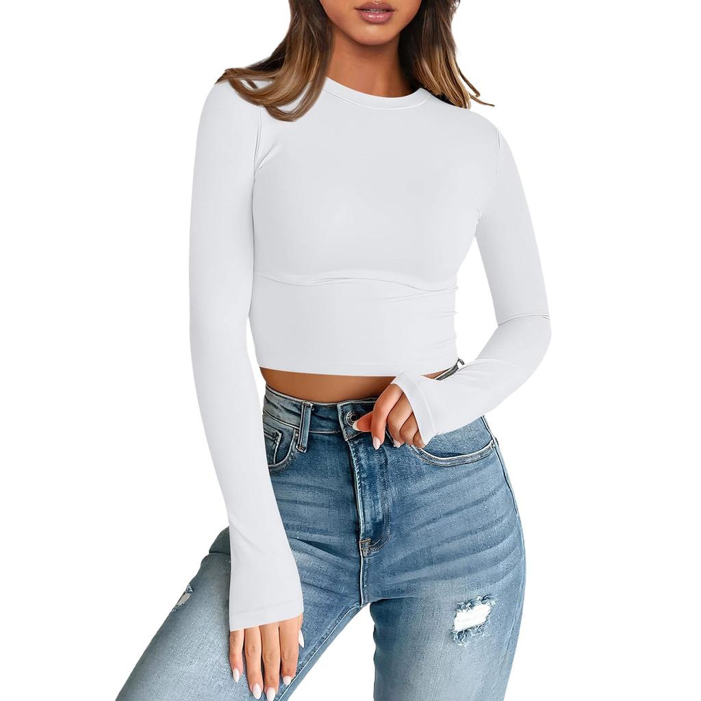 Women's Fashion Neckless T-Shirt Basic Slim Color Long Sleeve Top