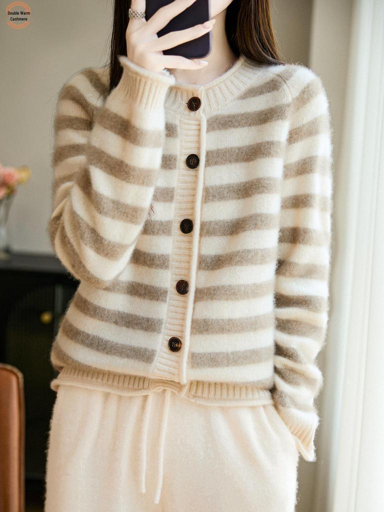 Women's Striped Pure Wool Cardigan - Seven-Needle Thickened, Round Neck, Autumn/Winter, Loose Knit Sweater Coat