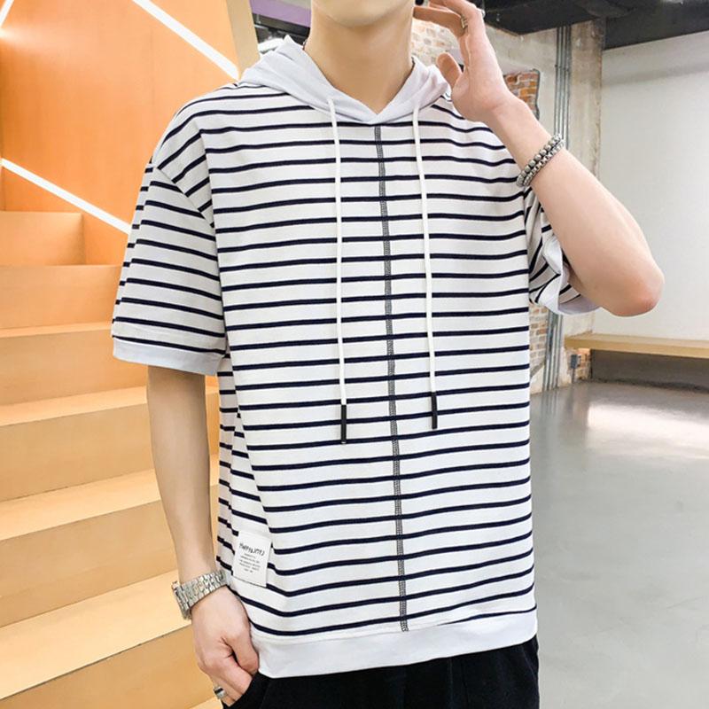 IELGY Halbärmeliges Hemd, gestreift, kurzärmeliges T-Shirt mit Kapuze, lässig, trendig, Kontrastfarbe, lockerer Stoff-Patch für Herren