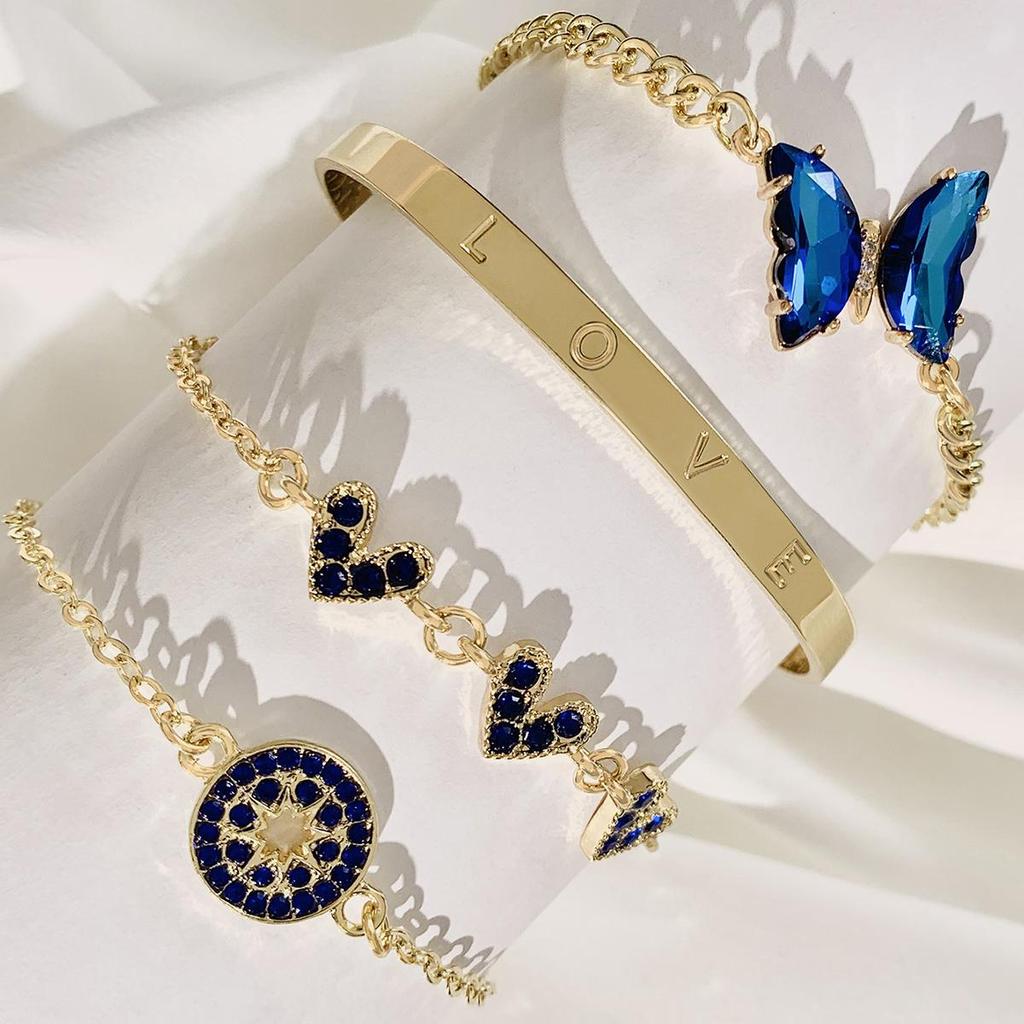 Biżuteria Transgraniczna Niebieski Motyl Inkrustowany Cyrkoniami Ażurowa Damska Bransoletka Geometryczne Otwarcie Czteroczęściowy Zestaw Bransoletek