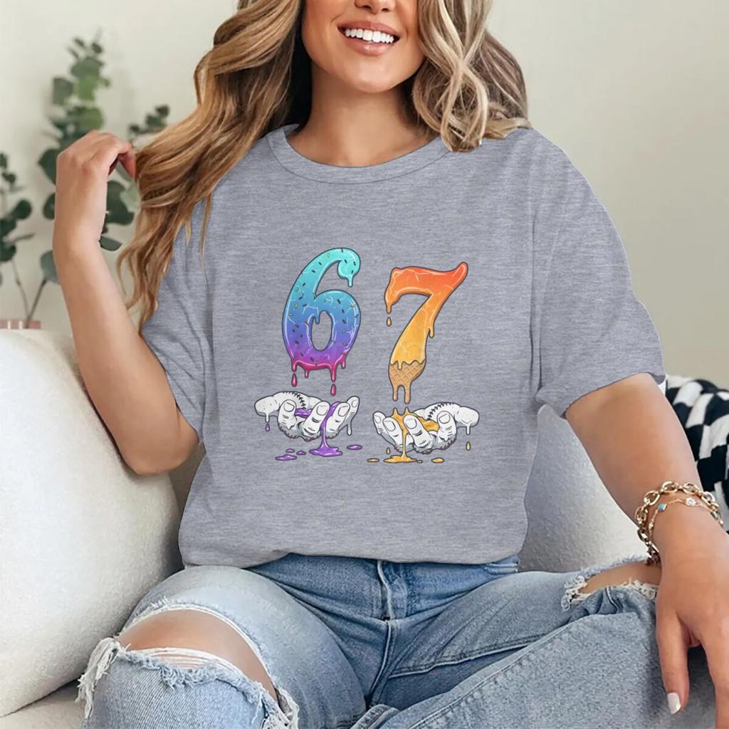 6 7 Number Print Tshirt for Unisex Women Funny 6 7 Memes Drip Fashion Casual Tops Streetwear Six Seven Womens Unisexs Clothing