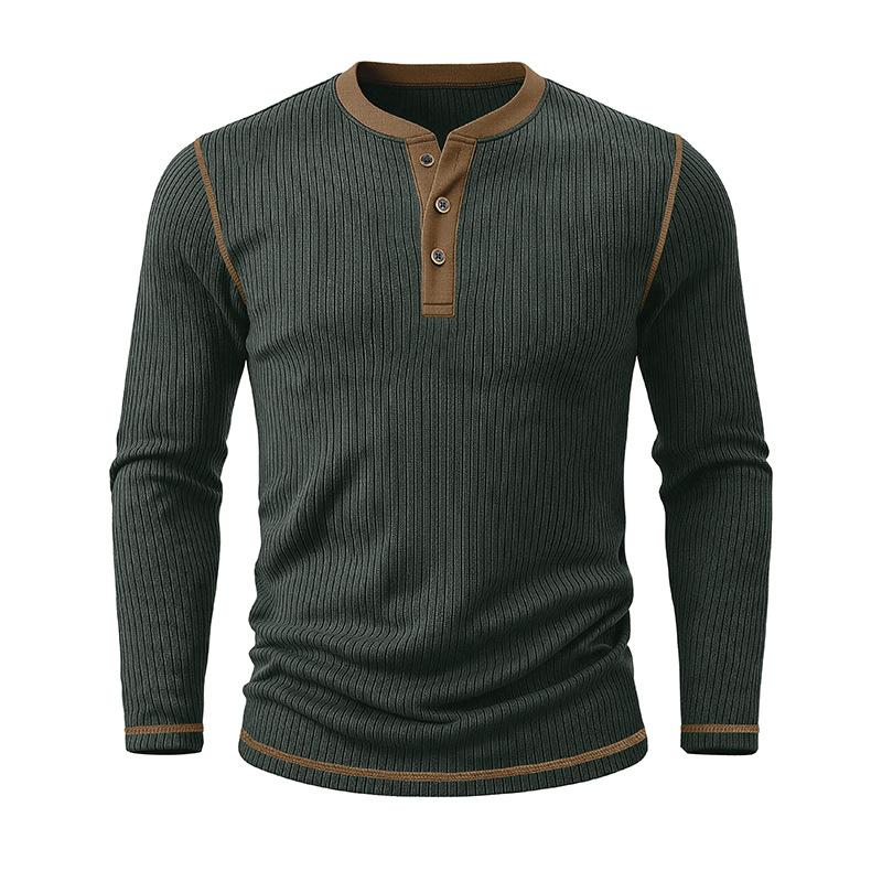 Men's Henry Neck Knit Long Sleeve T-Shirts Color Block Ribbed Casual Slim Fit Pullover Tops Autumn Winter Thermal Undershirts Men