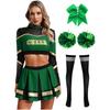 Damen Cheerleading Performance Tanz Outfit Langarm Stehkragen Strass Crop Top Faltenrock Haargummi Set