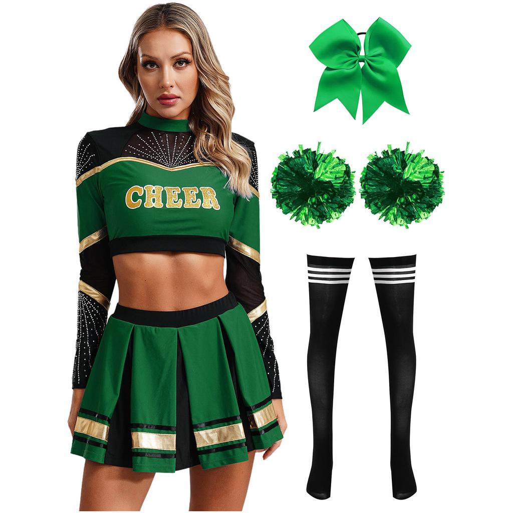 Damen Cheerleading Performance Tanz Outfit Langarm Stehkragen Strass Crop Top Faltenrock Haargummi Set
