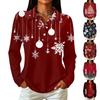 Dames Kerstprint Lange Mouwen Knopen Voorkant Kraag Casual Top met Zijsplitten