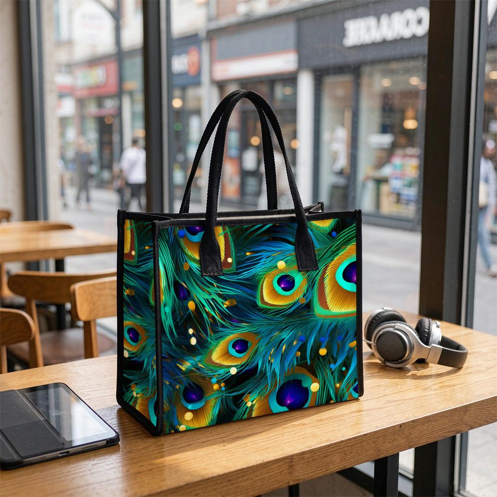 Peacock Feather Pattern Tote Bag Stylish Daily Carry Handbag for Women Trendy Portable Commuter Shoulder Bag