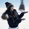 Marineblauw afneembare hoed bontkraag katoenen jas dames winter korte donskatoenen jas katoenen jas