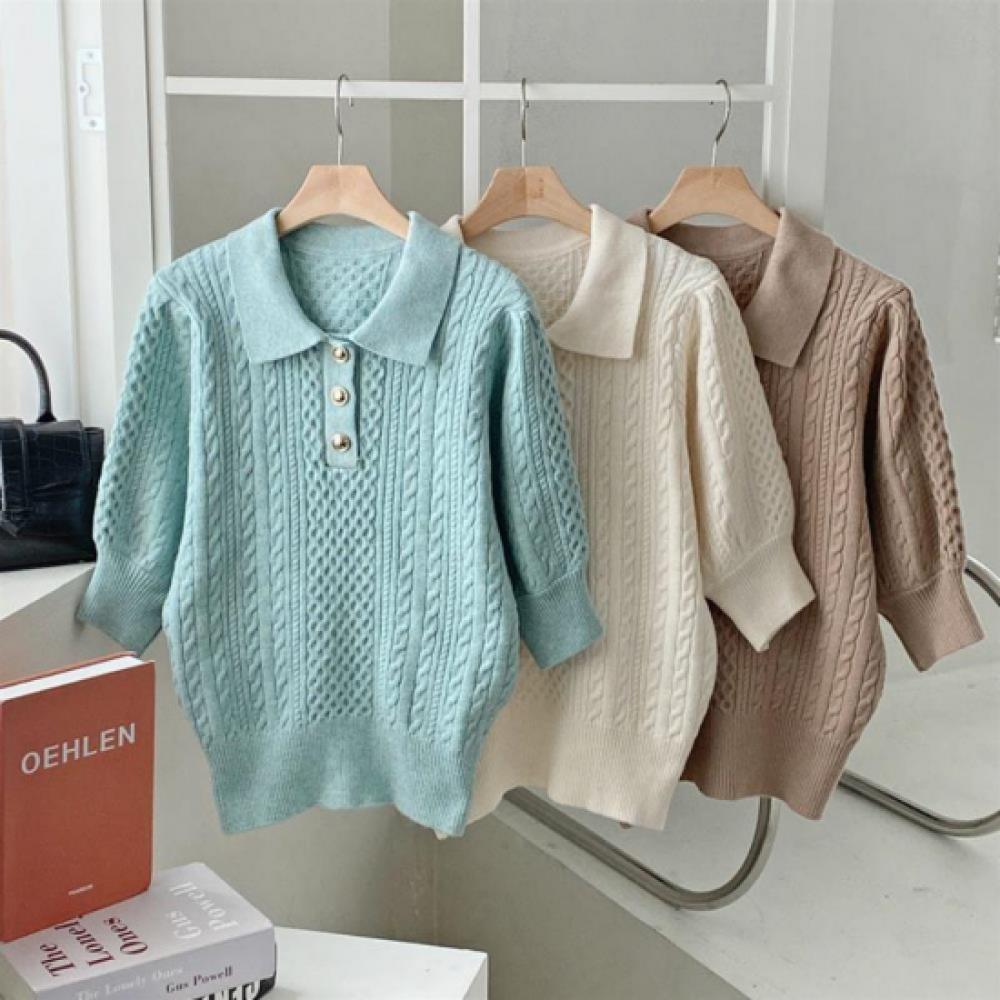 New Arrivals Open Run Women Solid Collar Neck Short Sleeve Knit Cable Design Bro