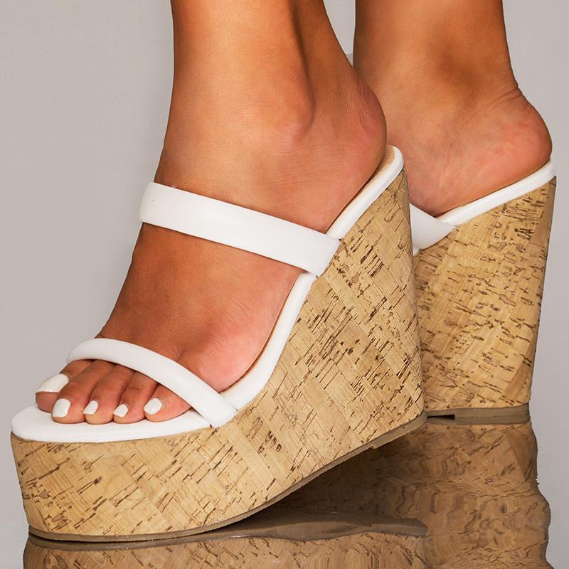 Liyke Fashion Brand Peep Toe Wedges Slippers For Women Wooden Thick Bottom Platform High Heels White Sandals Leisure Slide Shoes