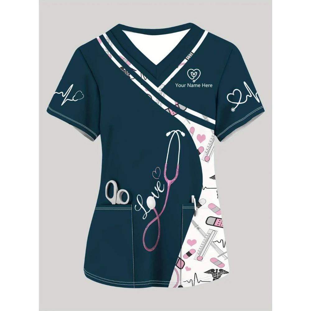Clinical Uniform Woman Stethoscope Print V-Neck Short Sleeve Nurse Uniform Tops Fashion with Pocket Dentist Nurse Uniform Woman