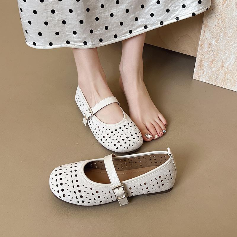 Round head soft sole shallow mouth single shoes new one-word buckle breathable hollow flat bottom low heel Mary Jane shoes comfortable shoes