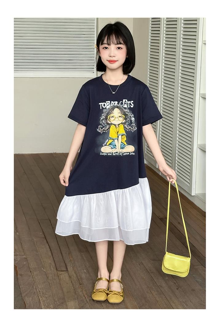 Girls' Summer Dress 2026 New Fashionable Girls' Summer Dress Children's Mesh Splicing T-shirt Skirt