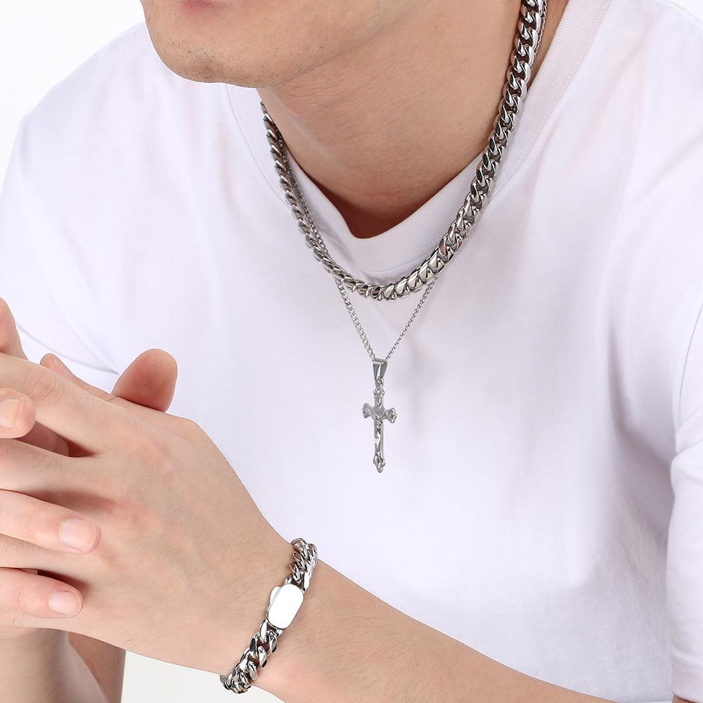 Men's Double Layer Cross Pendant Necklace for Men Gold Color Stainless Steel Cuban Link Chain Necklaces Bracelets Jewelry Set